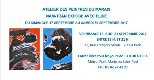 EXPOSITION de l’ARTISTE-PEINTRE NAM TRÂN, du dimanche 17 septembre au samedi 30 septembre 2017 à l’atelier LES PEINTRES DU MARAIS (Paris 4e)